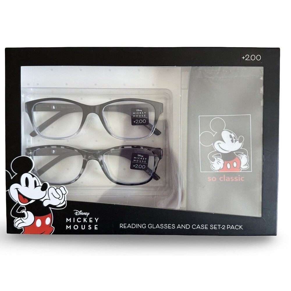 Disney Mickey Mouse NIB Reading Glasses 2 Pack +2.00 Fathers Day Readers W/ Case